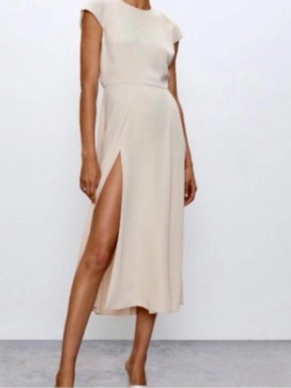 Elegant blush Cap-Sleeve Midi Dress with Side Slit